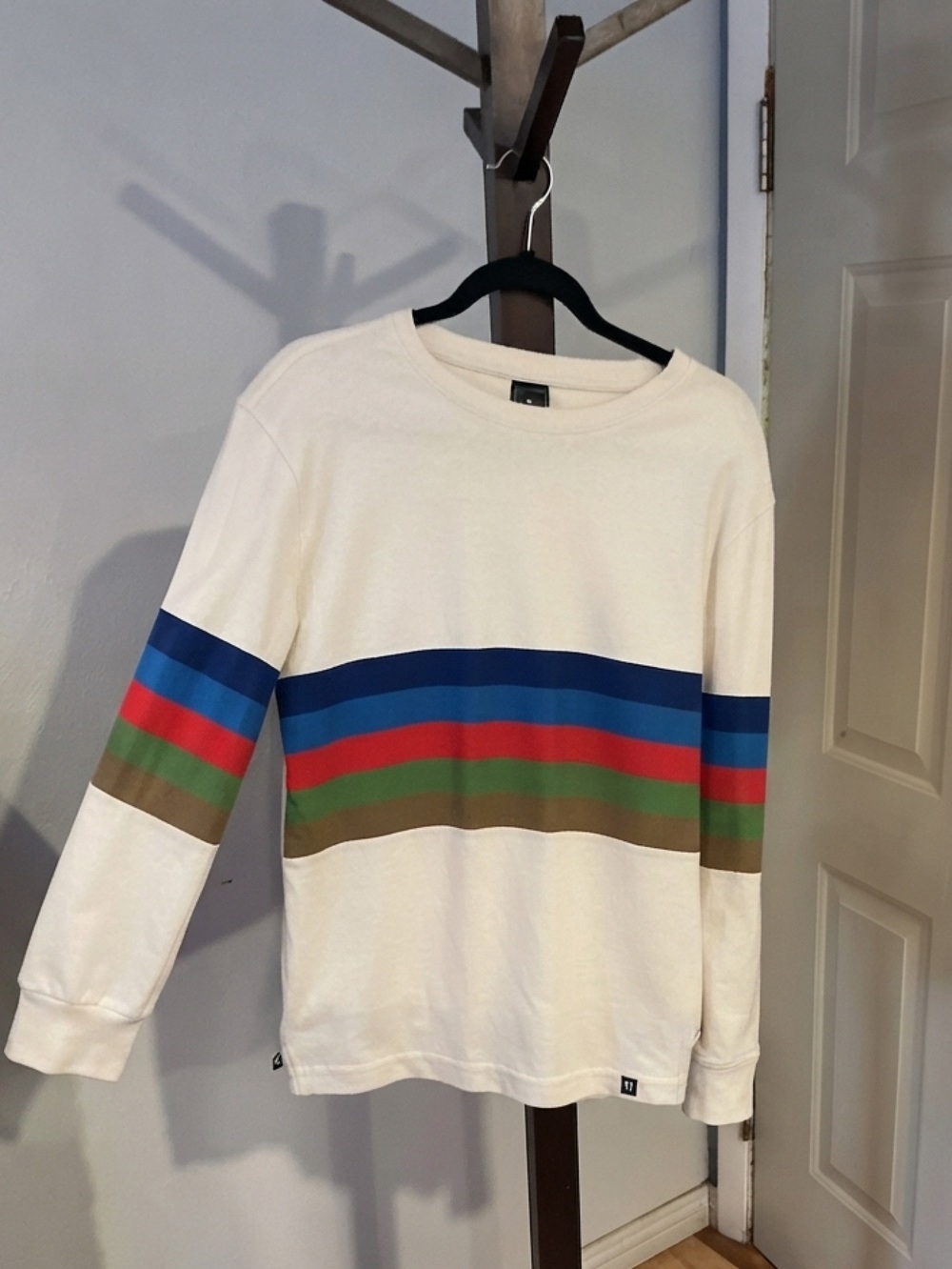 Men's Cream Crewneck Sweater with Multicolor Stripes